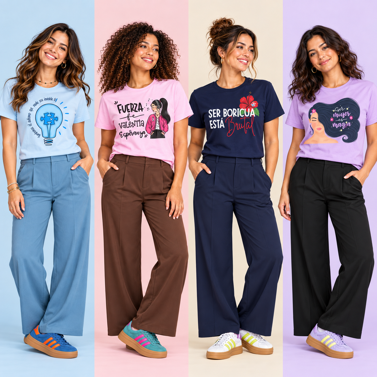 Cuatro mujeres con T-shirts de la colección Días con significado sobre paneles azul, rosa, crema y lila