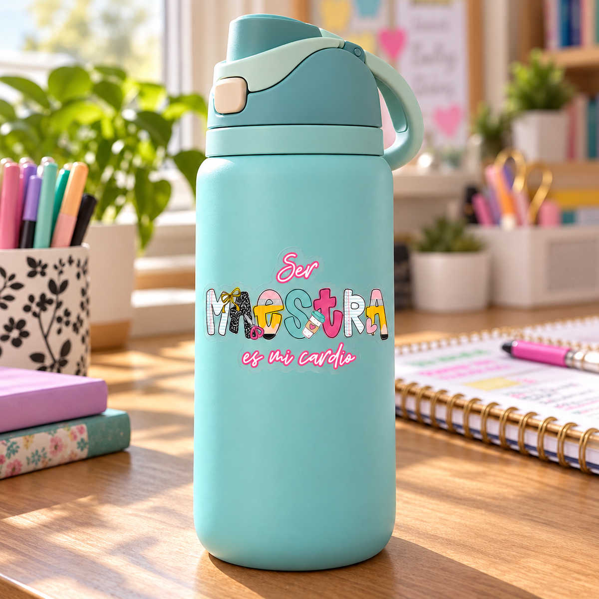 Ser maestra es mi cardio · Sticker aplicado en botella tipo Owala