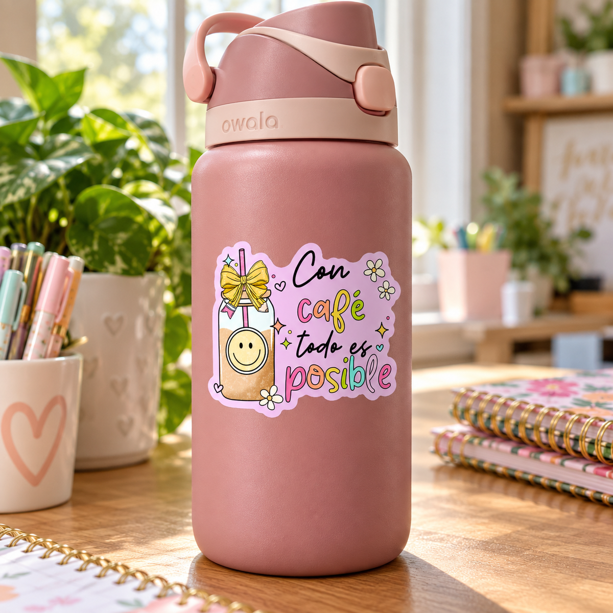 Con café todo es posible · Sticker aplicado en botella tipo Owala