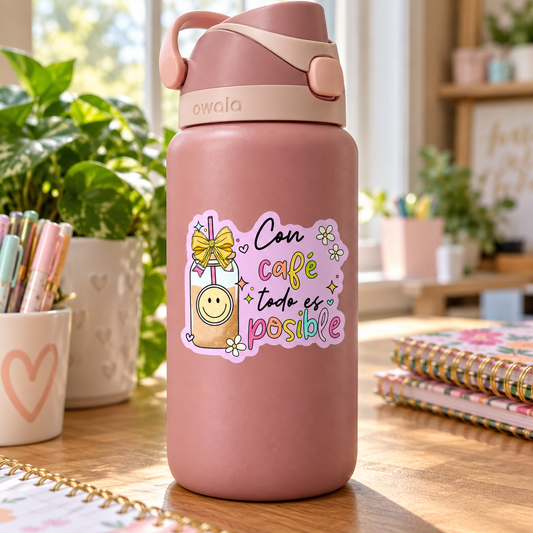 Con café todo es posible · Sticker aplicado en botella tipo Owala